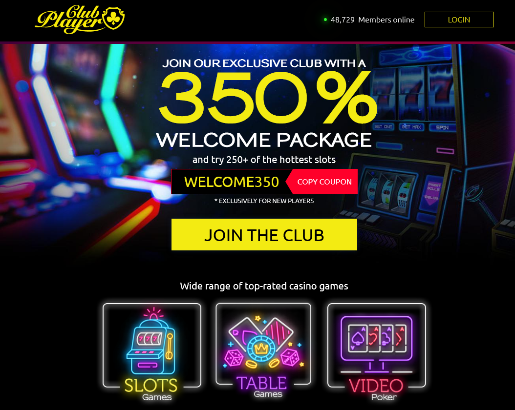 350 % welcome package and try 250+ of the hottest slots