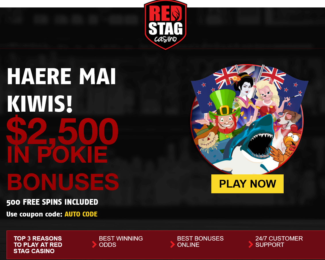 Red
                                        Stag - $2,500 in Pokie Bonuses
                                        500 Free Spins Included